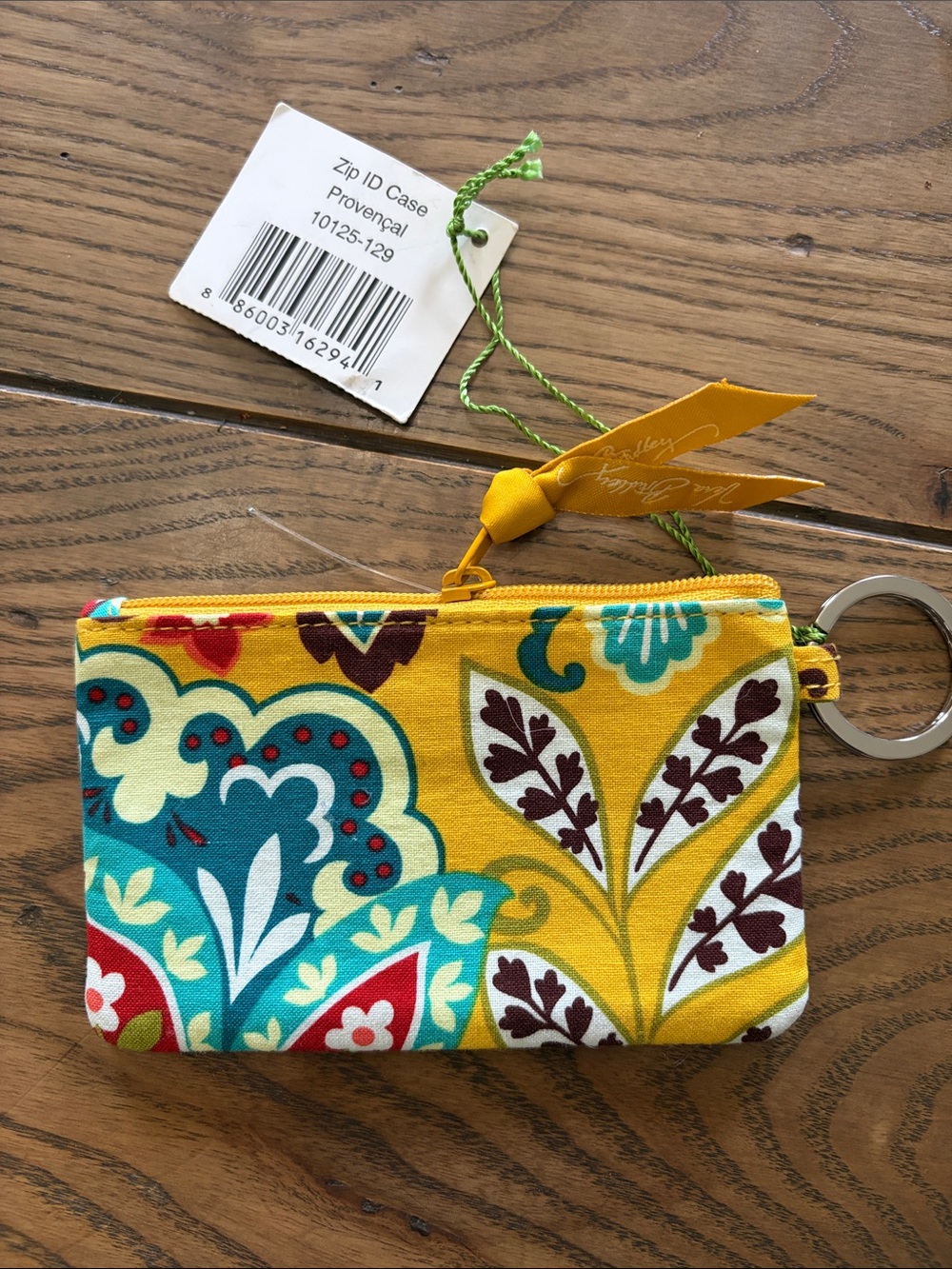 Vera Bradley Yellow Floral Zip ID Case with Teal and Red Accents